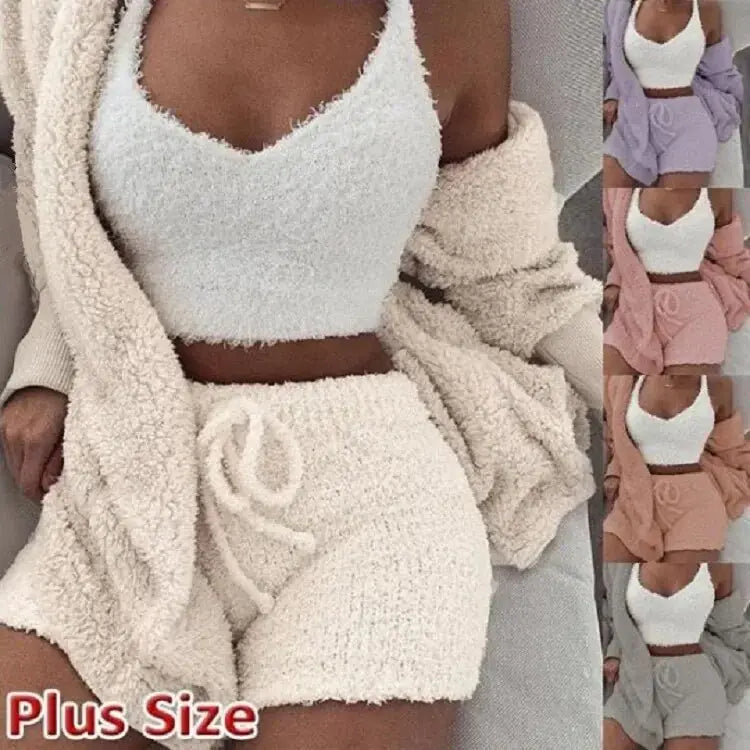 Fluffy Pajamas Women Casual Sleepwear Tank Top and Shorts