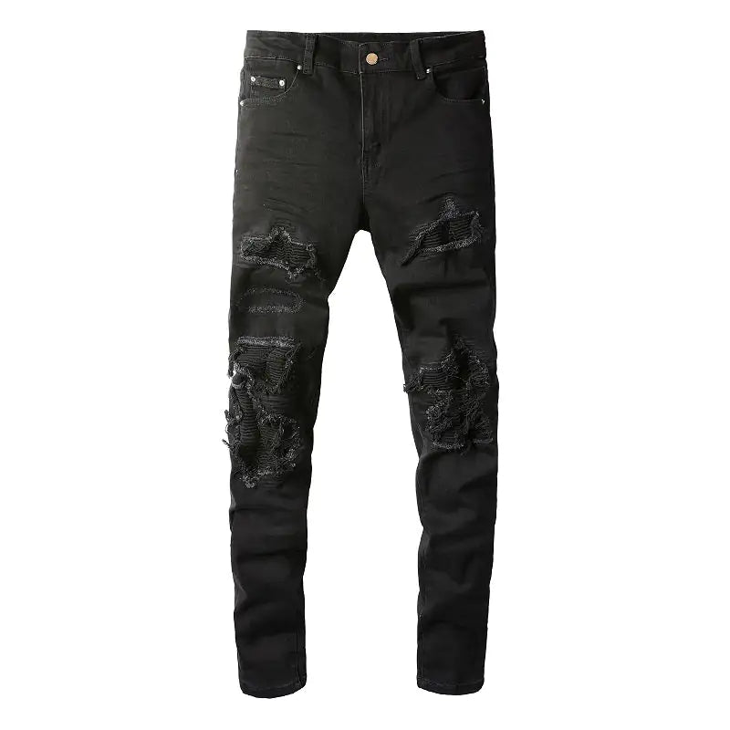 Black Distressed Patchwork Slim Fit Men's Jeans