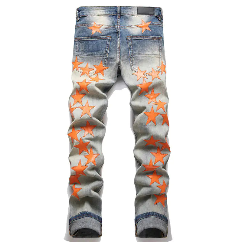 Pentagram Embroidered Slim Stretch Men's Ripped Jeans